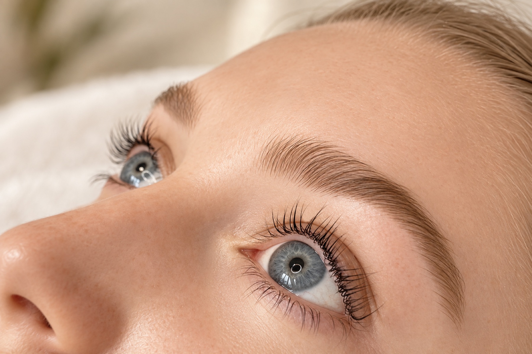 A close-up of beautifully lifted lashes