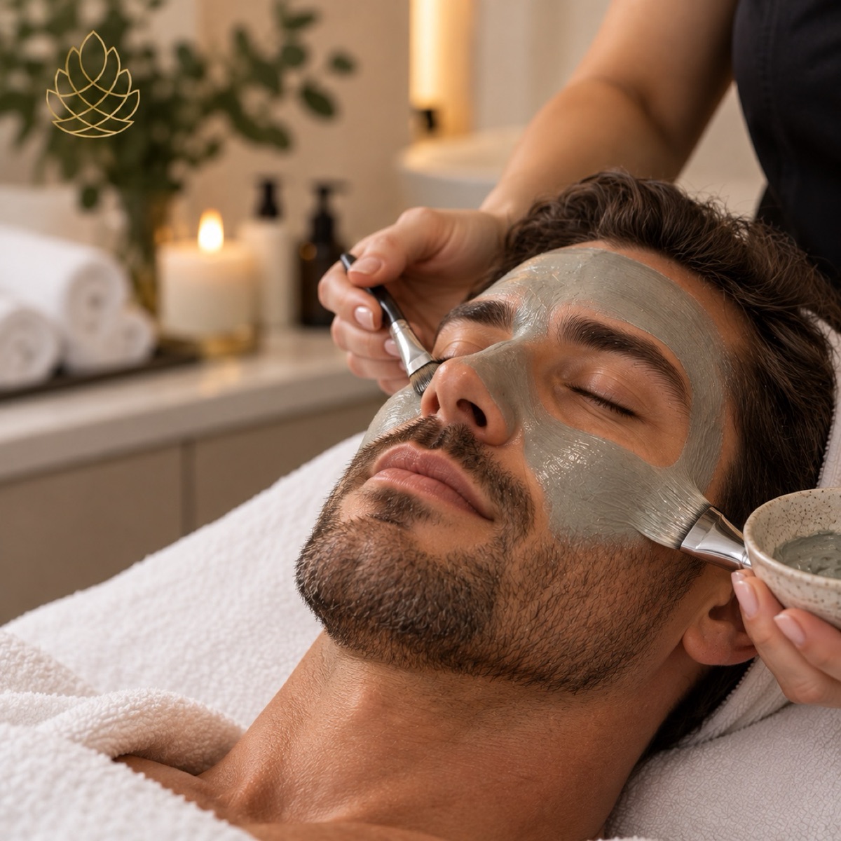 A man receiving a facial skincare treatment