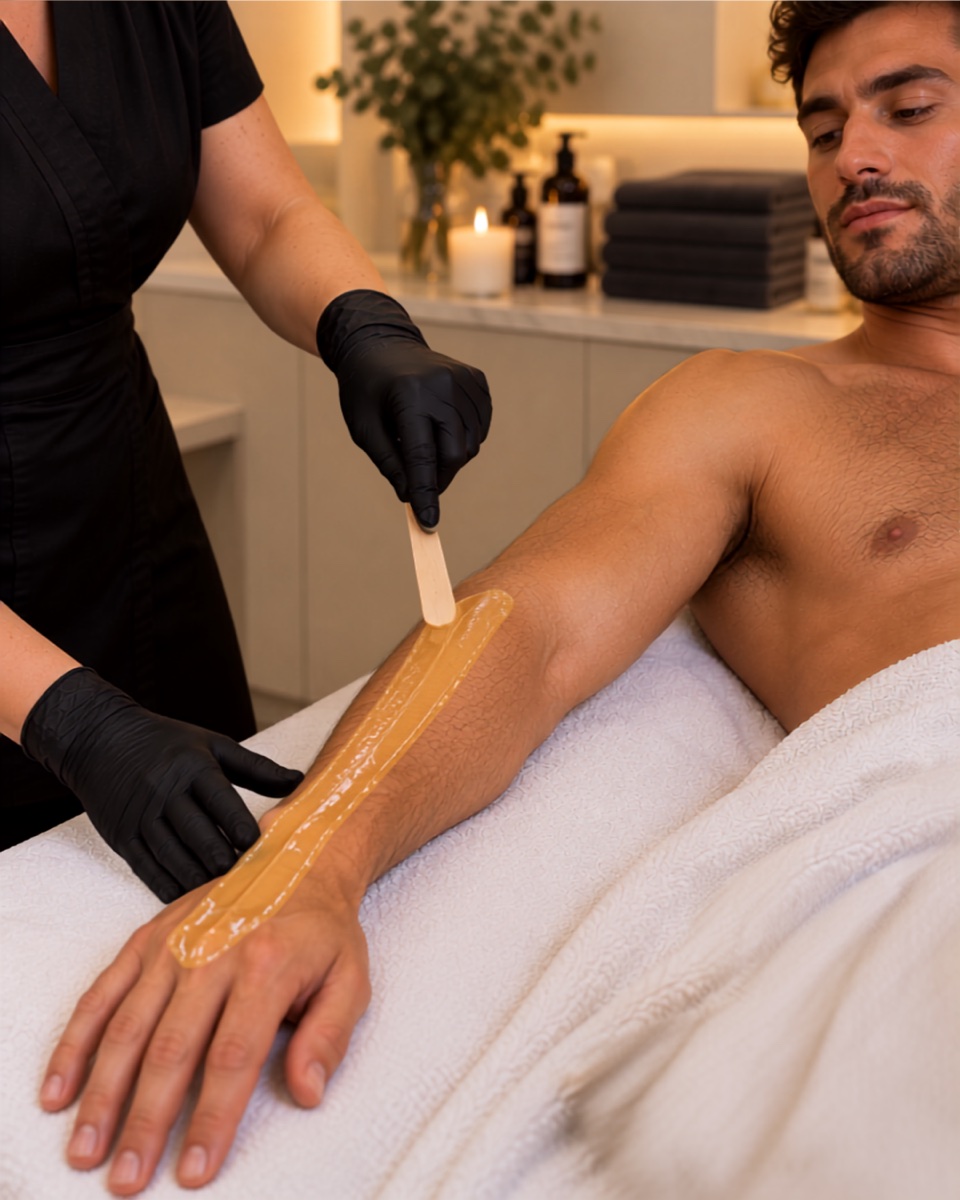 A professional half-arm waxing treatment for men