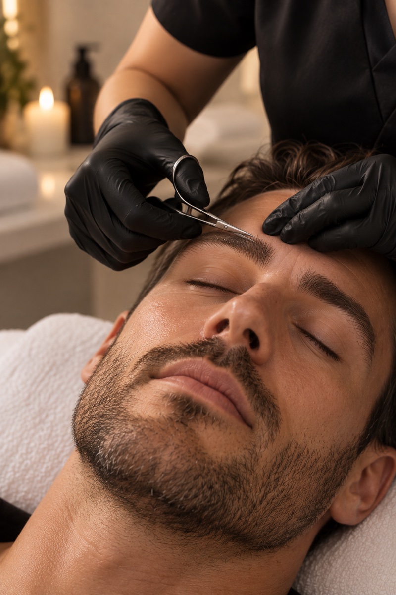 A professional men’s brow shape, optional tint and wax treatment