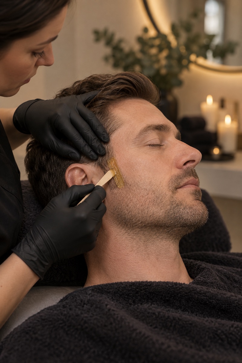 A precise sideburn waxing treatment for a man